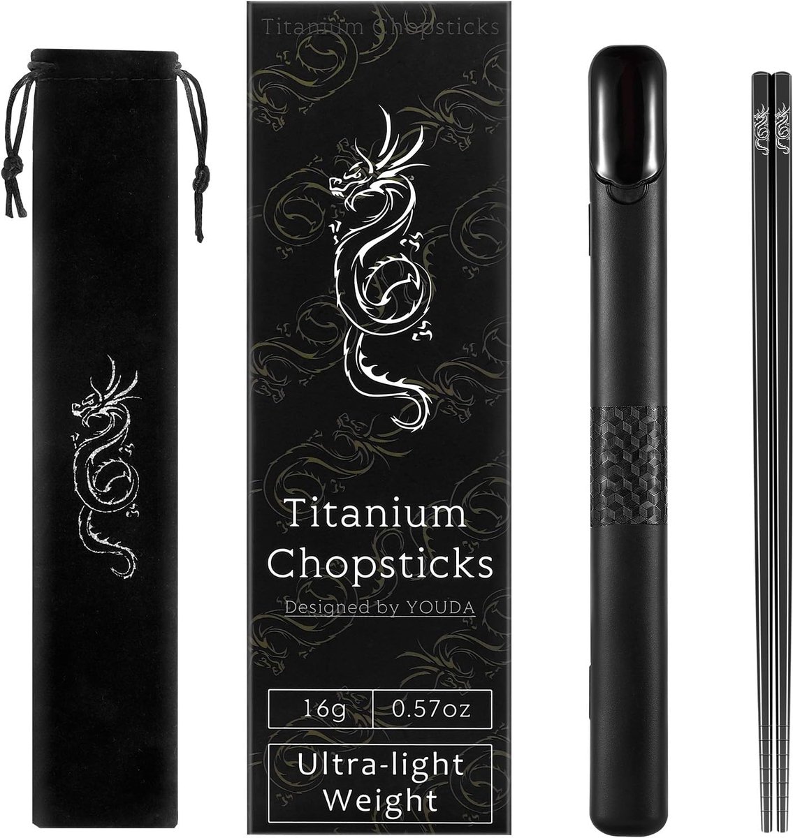 SnelShoppen - 100% TITAN Chopsticks - Ultralichte Herbruikbare Eetstokjes van Titanium - 1 Paar met Opbergcase voor Camping, Thuis en Reizen
