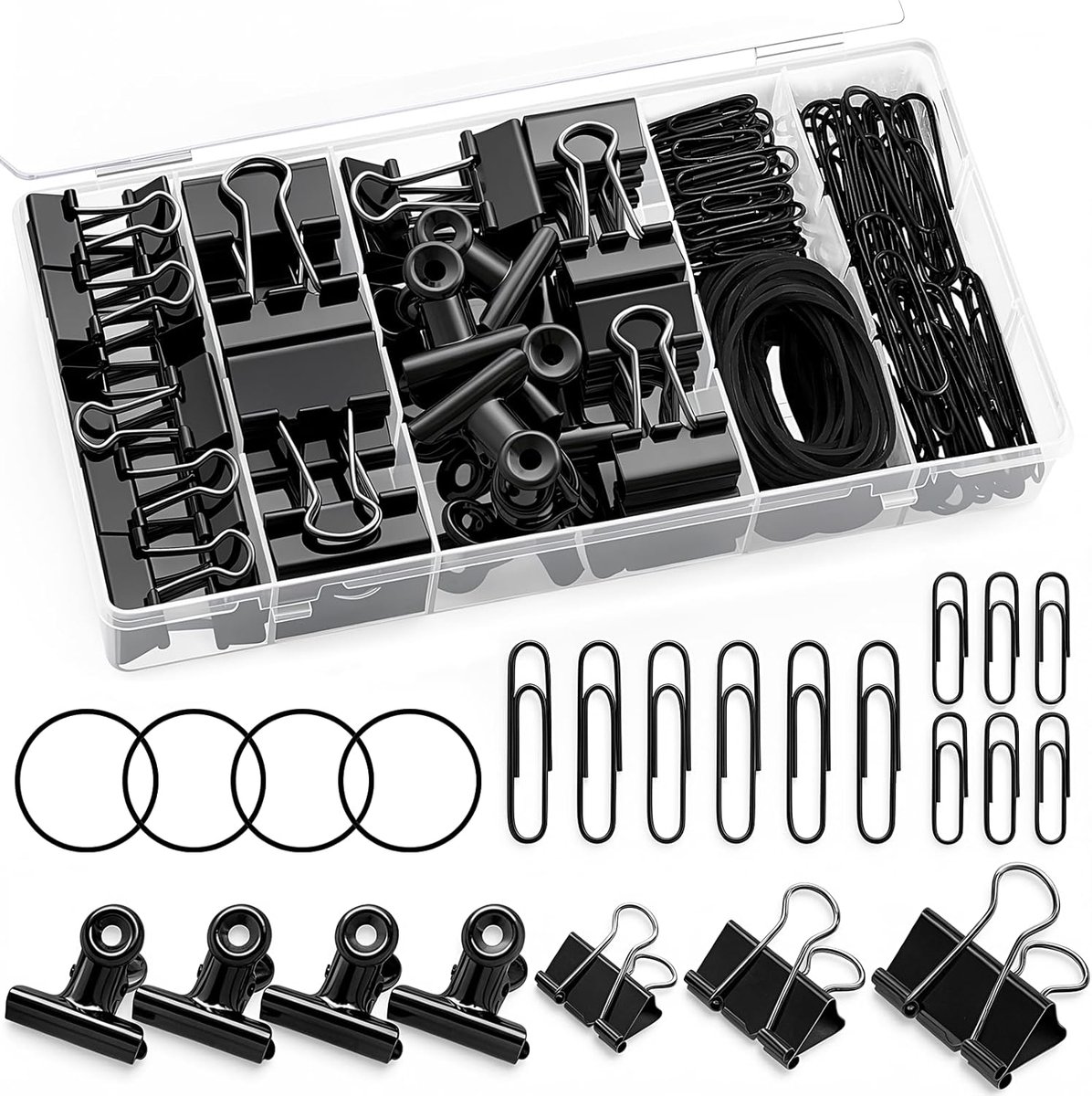 SnelShoppen - Paperclips Set 170 Stuks - Foldback Clips in 4 Maten (100x15mm, 50x19mm, 12x25mm, 8x32mm) - Zwarte Metalen Klemmen voor Kantoor en Schoo