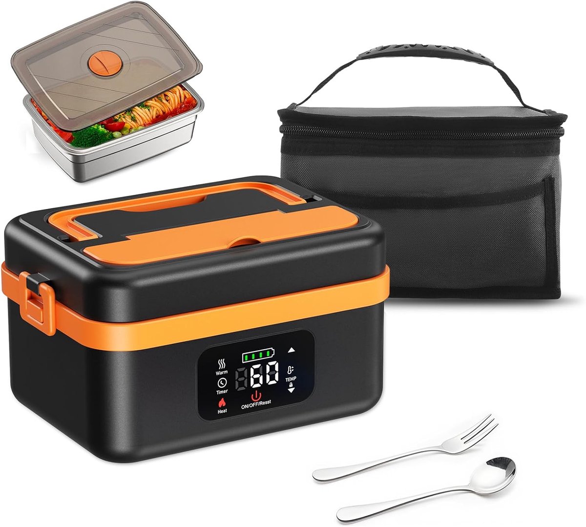 SnelShoppen - Verwarmde Lunchbox 1L - Zwart/Wit - Ideaal voor Werk, Camping en Thuis - Temperatuurregeling 65°C tot 90°C - Snel Opwarmen binnen 30 min