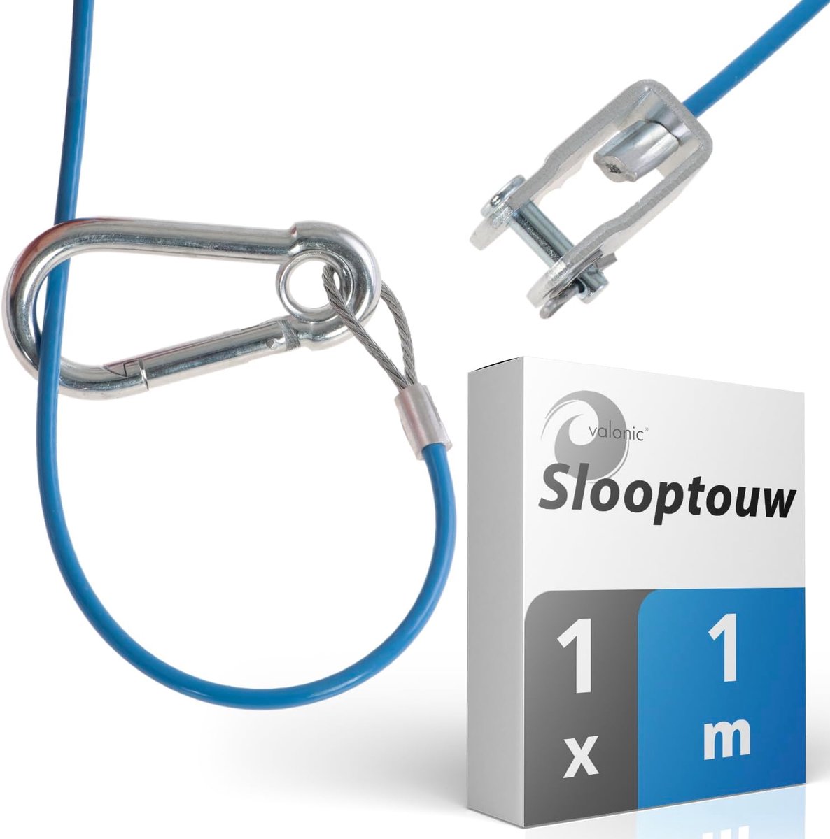 SnelShoppen - 1m Blauw Carabiner Kabel voor Aanhangers en Campers, 250 kg Breeklast, Veiligheidskabel met Fork Head (Shackle), Ripcord, Galvanized Sta