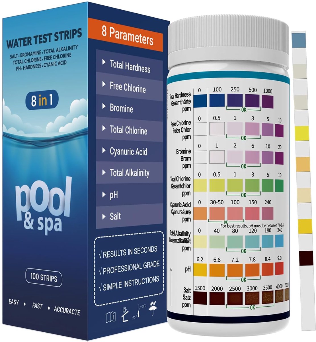 SnelShoppen - 7-in-1 Pool Test Strips, Snelle Water Tester voor Zwembad, PH, Chloor, Cyanurinezuur, Bromine, Eenvoudige Teststrips voor Pool & SPA Acc