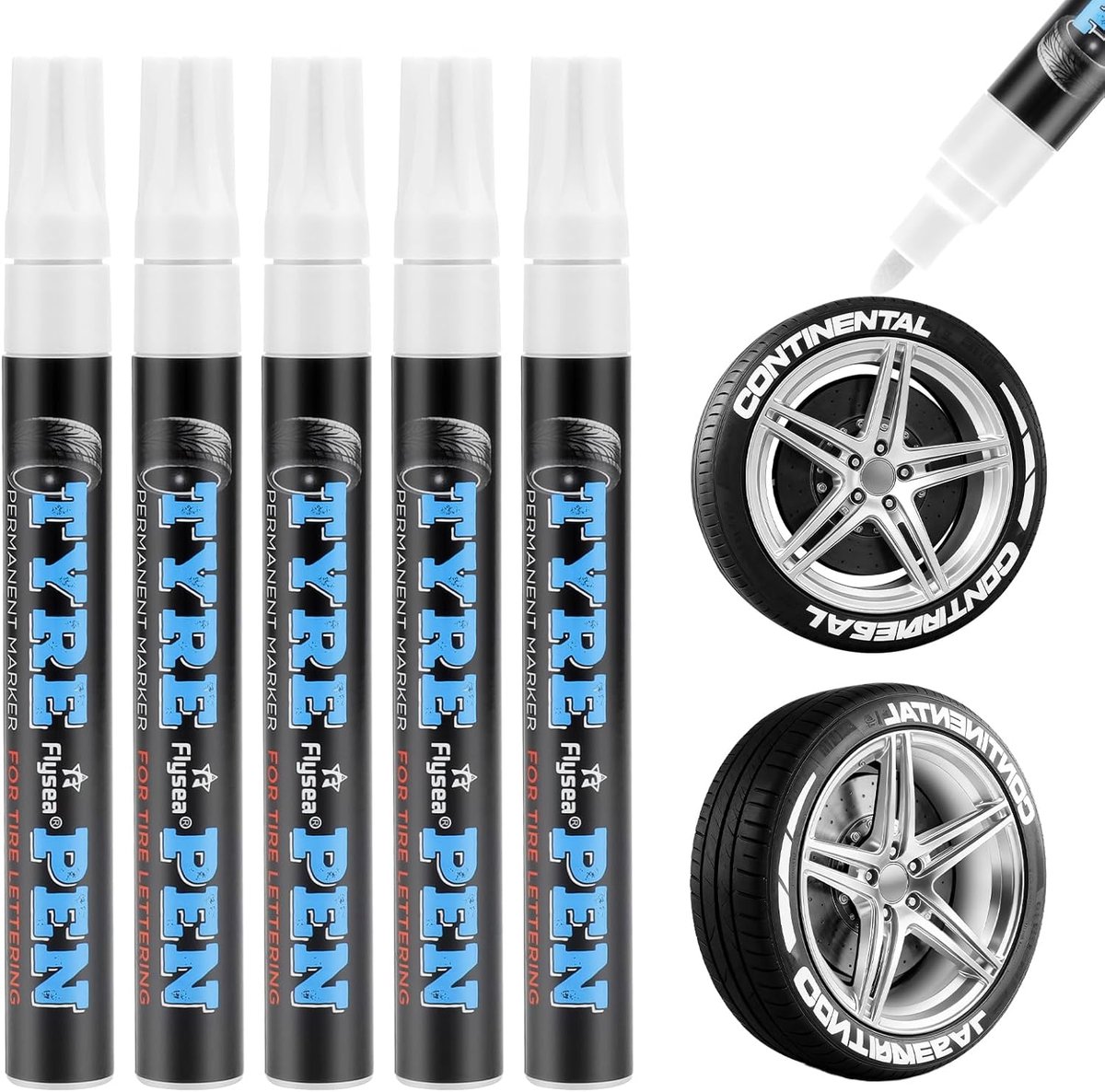 SnelShoppen - Pack van 5 Witte Tyre Pens voor Auto- en Motorbanden - Waterproof Tire Marker voor Rubber en Tire Care - Sneldrogende DIY Verf Stiften v
