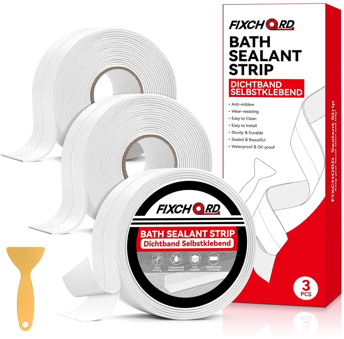 SnelShoppen - Waterdichte Sealing Tape, 3 Rollen Zelfklevende Plakband voor Badkamer, Keuken, Toilet, Muurhoeken, Inclusief Sealing Tool, Wit, 9.6m x