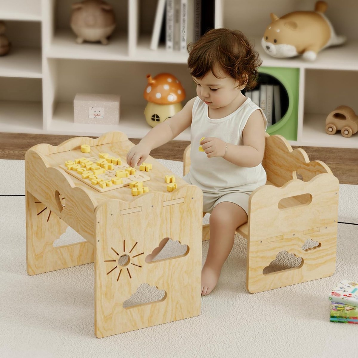 SnelShoppen - Houten tafel en stoel set voor kinderen, Montessori tafel, ideaal voor eten, leren en spelen, eenvoudig te monteren, geschikt voor peute