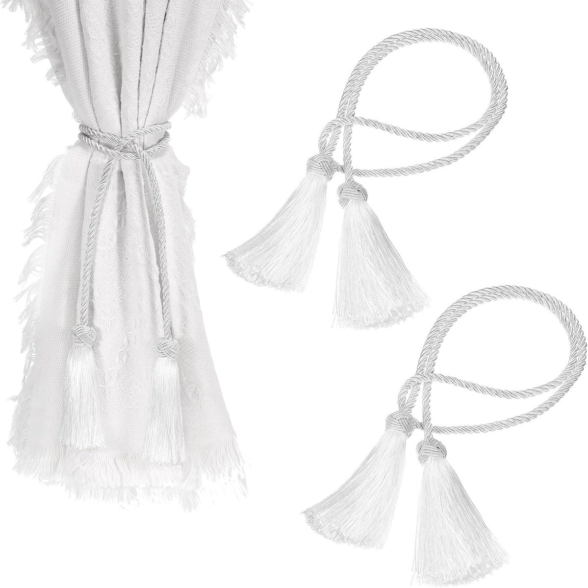 SnelShoppen - 2 Stuks Gordijnhouders met Kwastjes - Handgemaakte Decoratieve Kordels - Witte Polyester - Voor Woonkamer, Slaapkamer, Badkamer - 96 cm