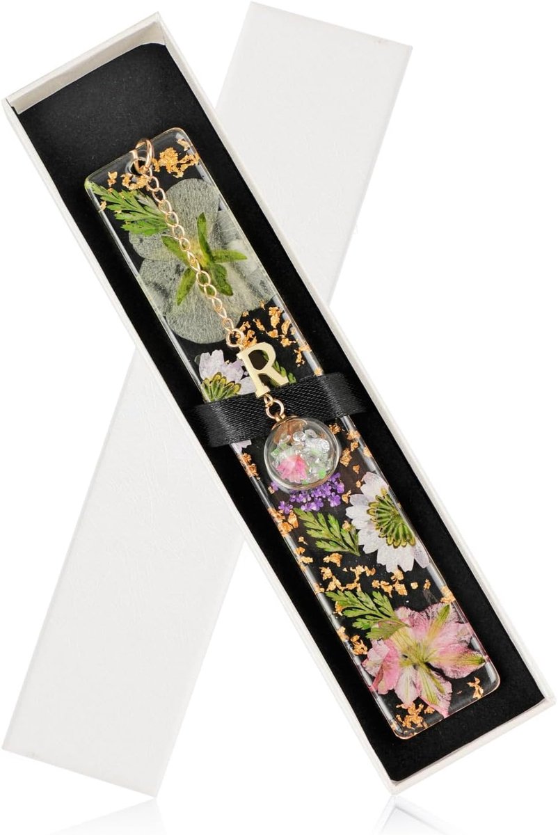 SnelShoppen - Handgemaakte Boekenlegger met R Initiaal en Gedroogde Bloemen - Schitterende Resin Pagina Marker voor Lezers, Juffen en Vriendinnen - Ae