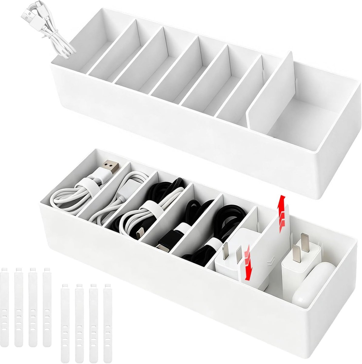SnelShoppen - Set van 2 Kabel-organizers, Oplaadkabel Organizer met Verstelbare Vakken, Inclusief 8 Kabelbinders met Clips, Duurzaam Kunststof, Wit, I