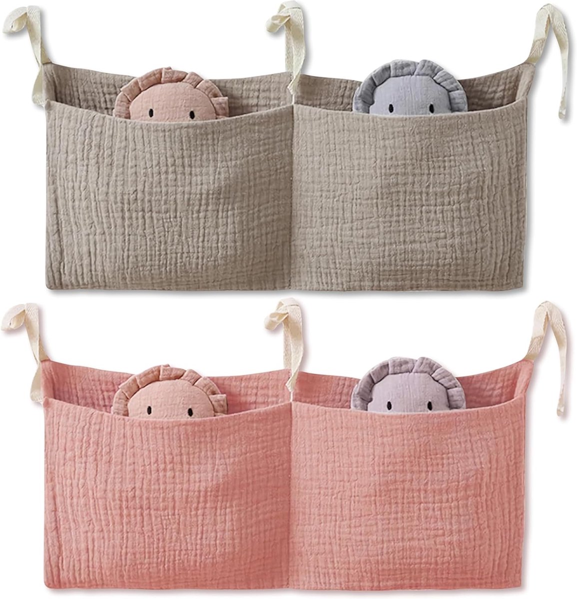 Thijox - Babybedorganizer met 2 Verstelbare Opbergvakken en Speelgoedtas voor Kinderbedden - Roze + Kaki - Ideaal voor Luiers, Kleding en Speelgoed