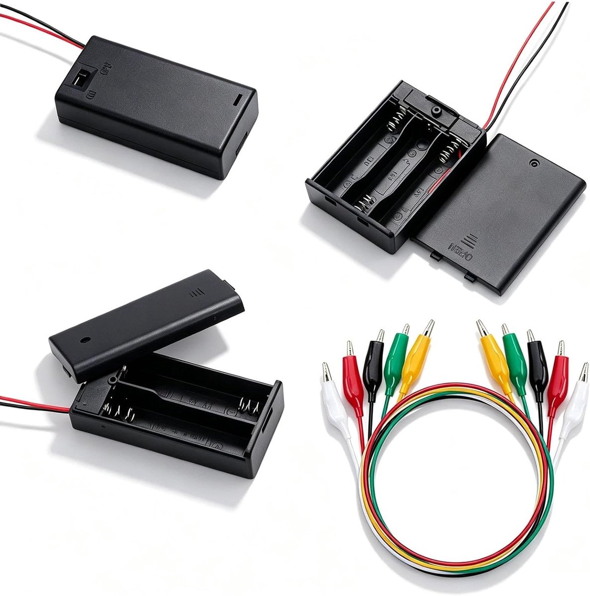 Thijox - AA-batterijhouderset 3-delig met aan/uit-schakelaar, 2x 3V en 1x 4,5V batterijbehuizing, 15 cm kabel en 5 krokodillenklemmen voor doe-het-zel