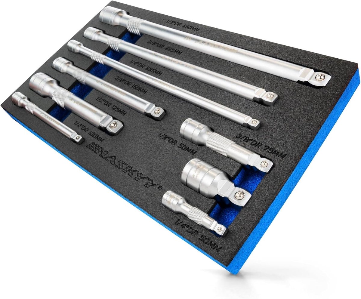 SnelShoppen - 9-delige Spanner Tilt Extension Set 1/4" 3/8" 1/2" Inch - Hoogwaardige Hinge Ratchet met Lengtes van 50mm tot 250mm - Perfect voor Moeil