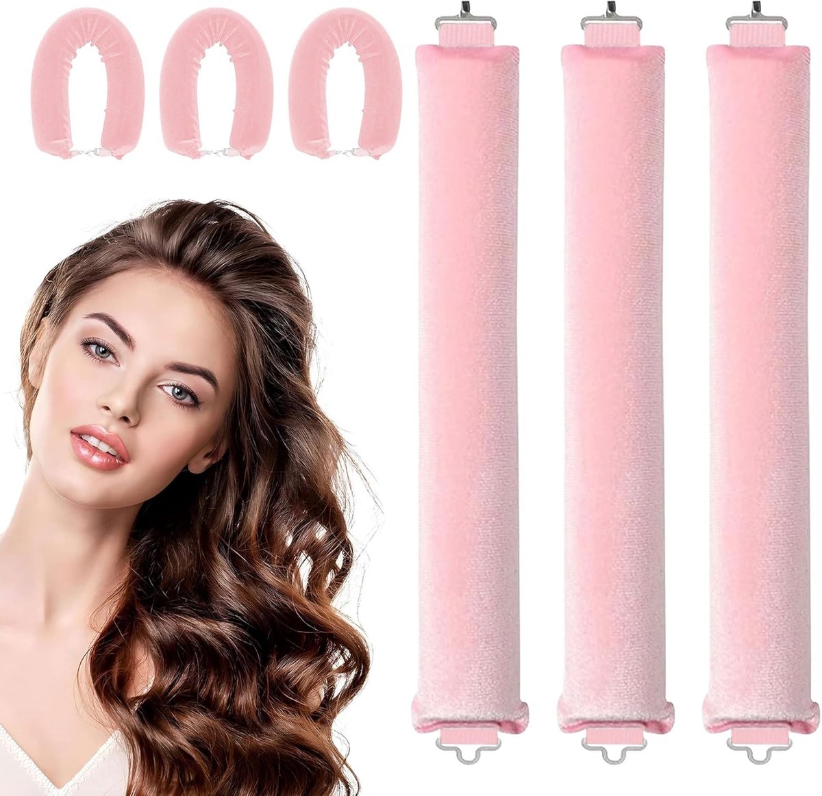 SnelShoppen - Heatless Hair Curlers Set - Zachte Roller Slaapkrullen - Geen Hitte, Geen Schade - Bouncy Curls en Volume voor Gezond Haar - Roze - Perf