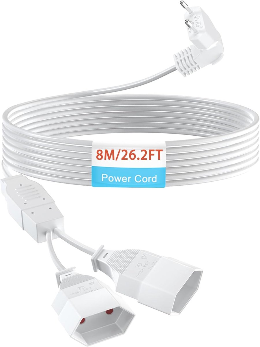 SnelShoppen - Verlengkabel 8m met 2-voudige Eurostekker en Type C-stekker, 2-in-1 Stroomkabel voor TV, PC, Beamer, Wit, Huishoudelijk Gebruik, 0,75 mm