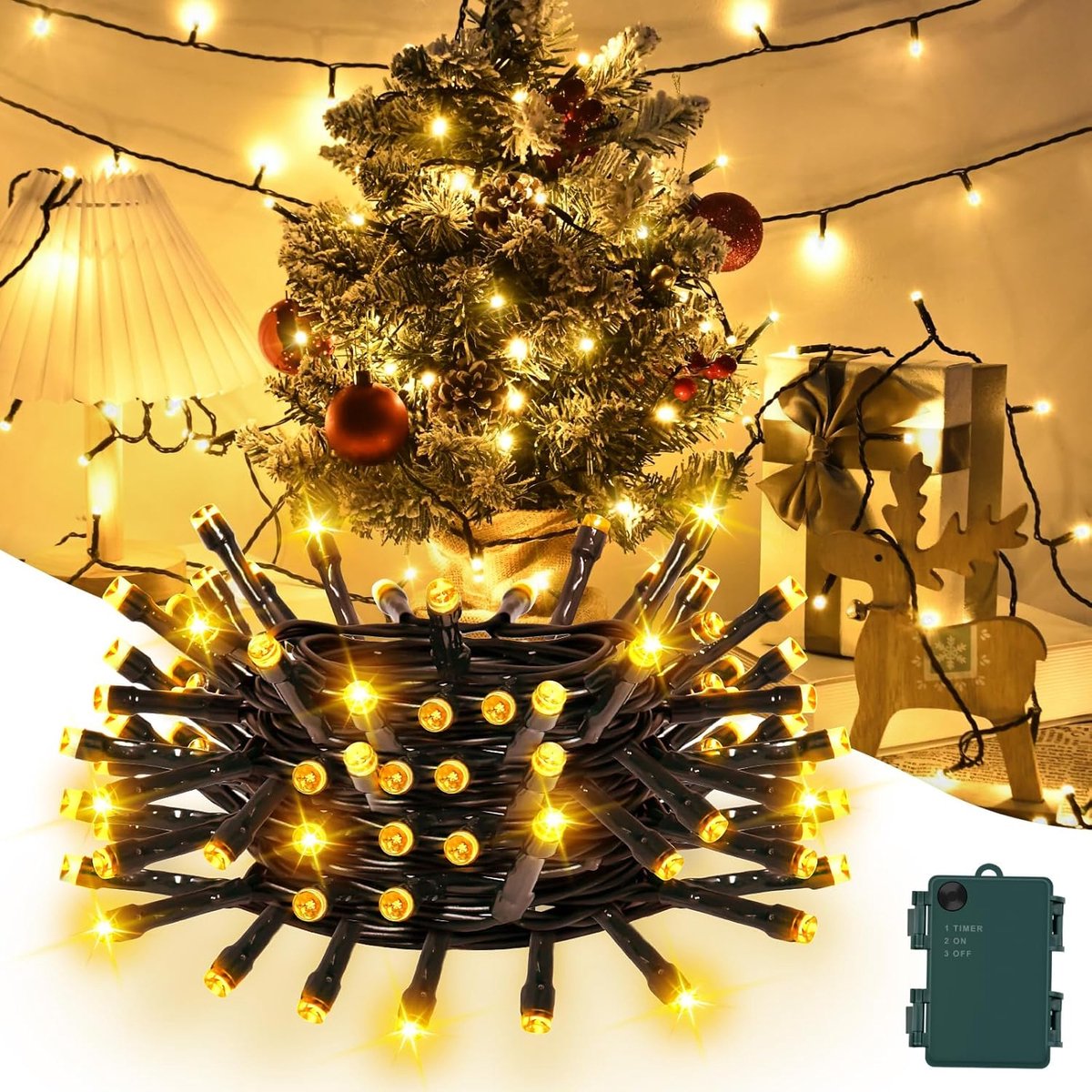 SnelShoppen - 30 LED Fairy Lights - Batterij Aangedreven - 3M Waterproof Kerstverlichting met Timer - Groene Draad voor Binnen & Buiten - Warm Wit voo