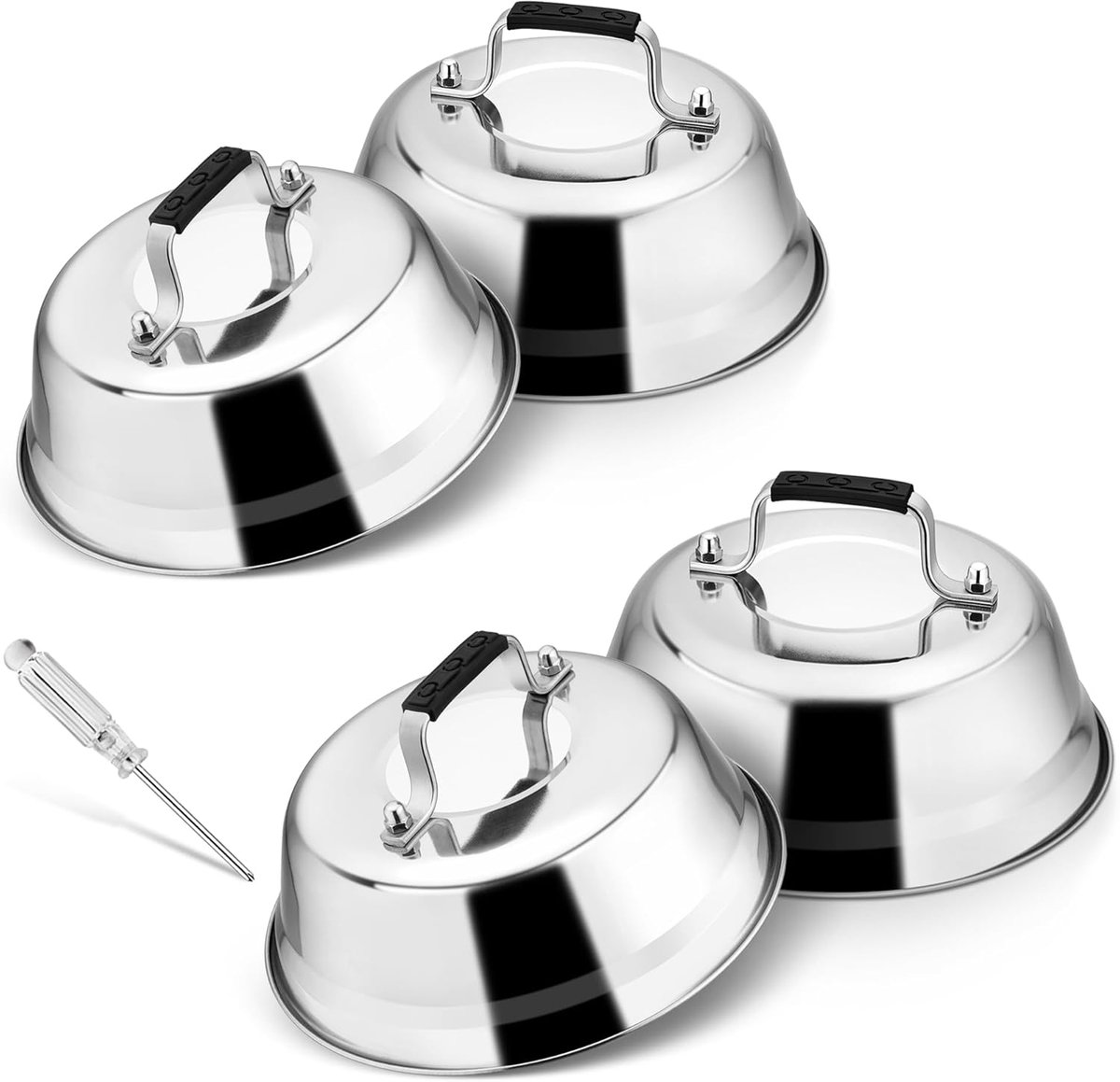 SnelShoppen - 4-delige RVS Burger Bell met Rubber Handvat - Melting Bell voor Grill, Steak, Kaas, Teppanyaki - Voor Buiten en Binnen Gebruik