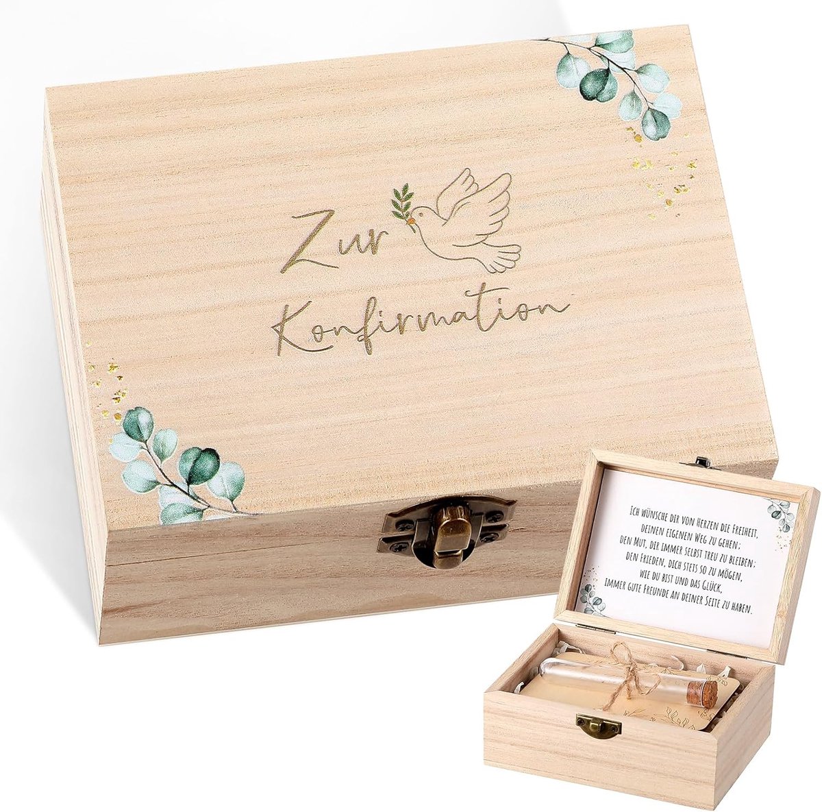 SnelShoppen - Set van 4 Bevestiging Cadeauset met Contant Geld, Houten Doos, Eucalyptusbladeren, Duiven, Reageerbuis, Wenskaart en Raffiagras voor Dec