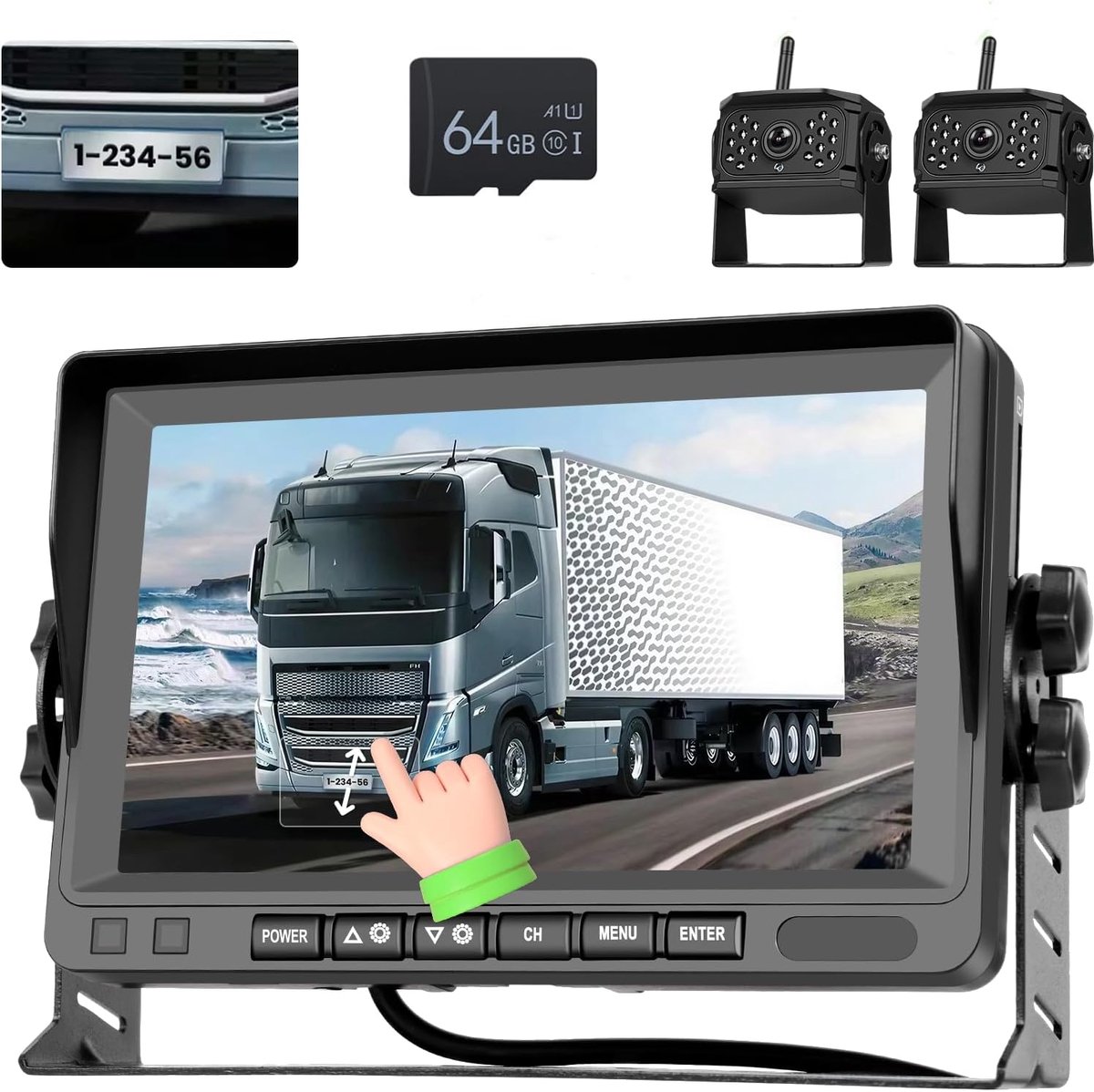 SnelShoppen - Draadloos Achteruitrijcamera Set met 2 Camera's, 64GB Geheugenkaart, Digitale Radio Transmissie, 7 Inch IPS Display, Waterdicht, IR LED