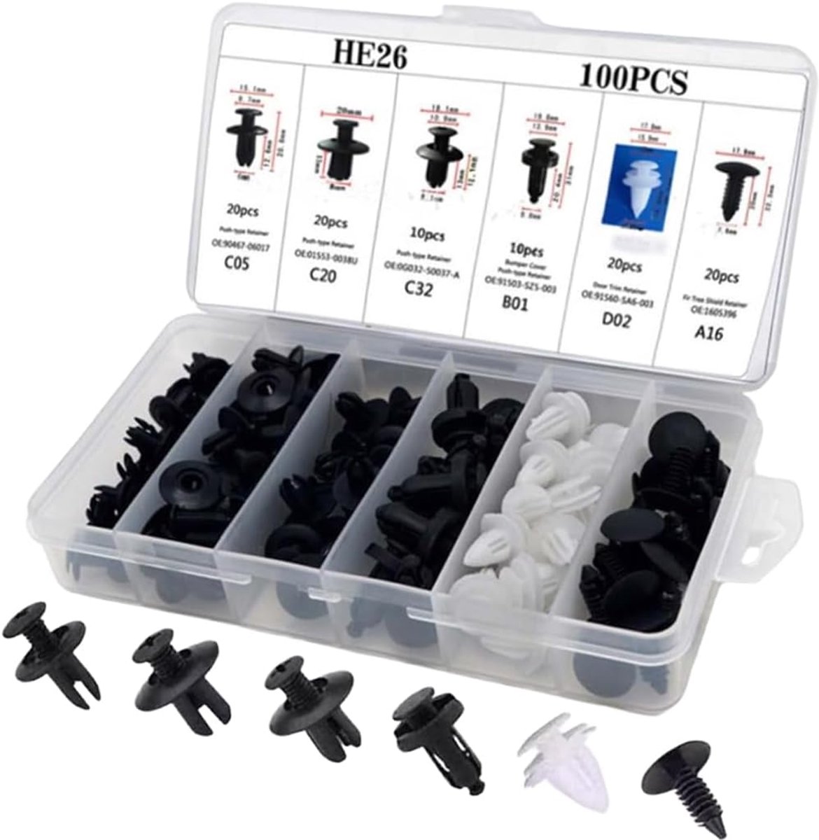 SnelShoppen - 100 Stuks Auto Bevestigingsclips, Universele Plastic Rivets, Zwart, 6 Maten, Robuuste Bevestigers voor Bumpers, Deuren, Splash Guards, D