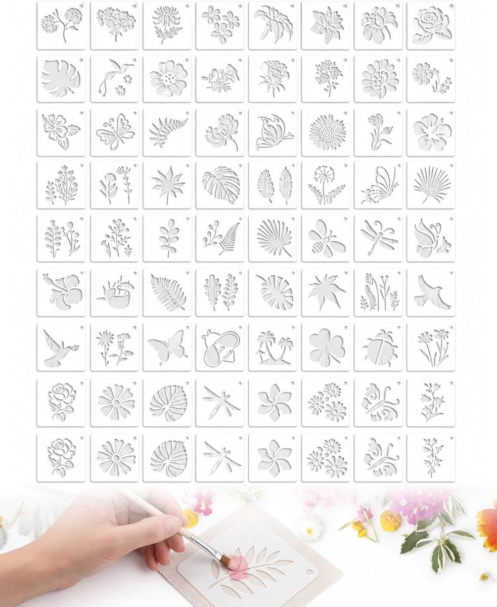 Herbruikbare schildersjablonen voor kinderen en volwassenen, 64 stuks, 7,6 x 7,6 cm, ideaal voor tekenen, scrapbooking en knutselen met bloemen, dieren en insecten.