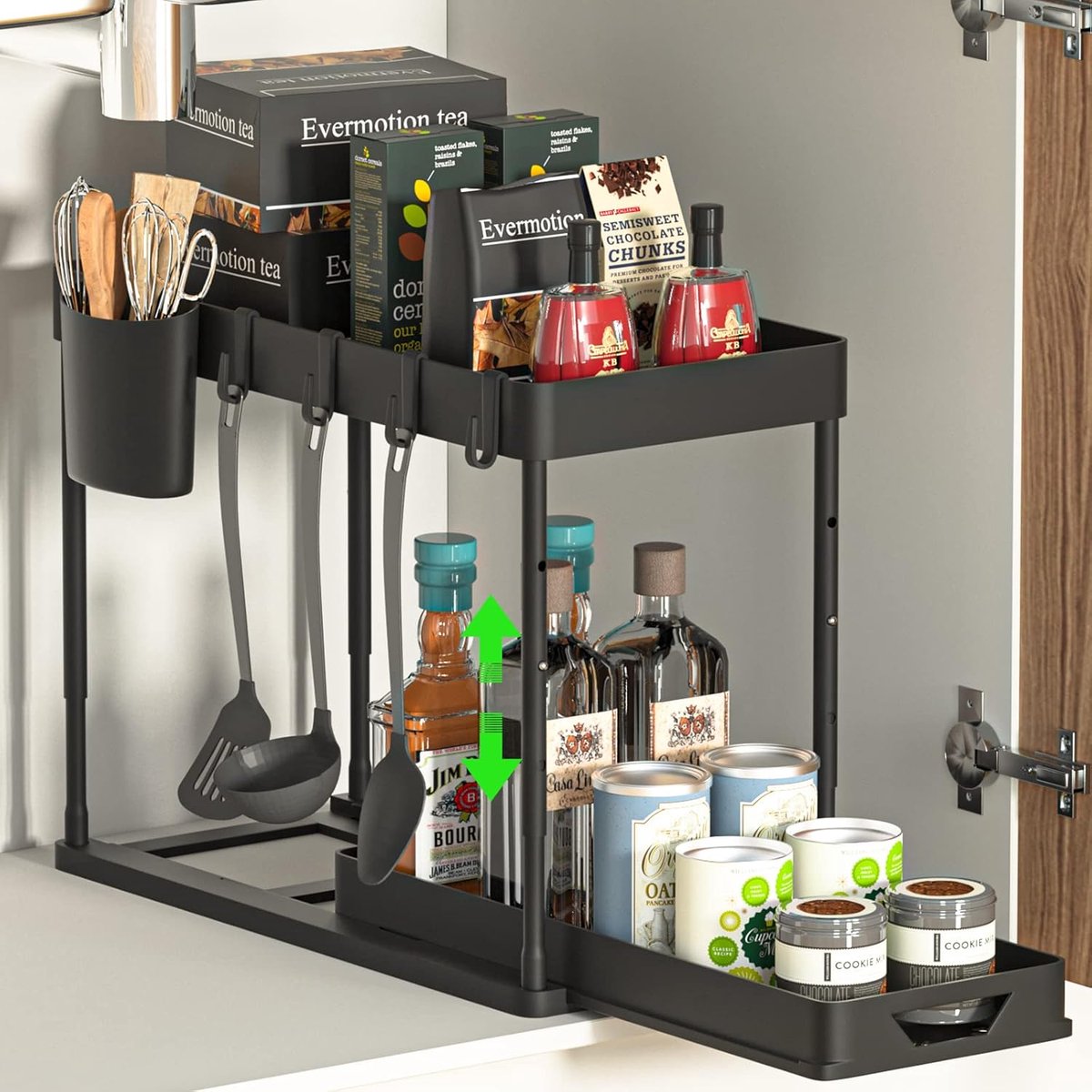 SnelShoppen - Onder de wastafel rek keuken organizer 2 verdiepingen lade-organizer met 4 haken, 8 antislip pads & 1 hangbekerorganizer opbergdoos zwar