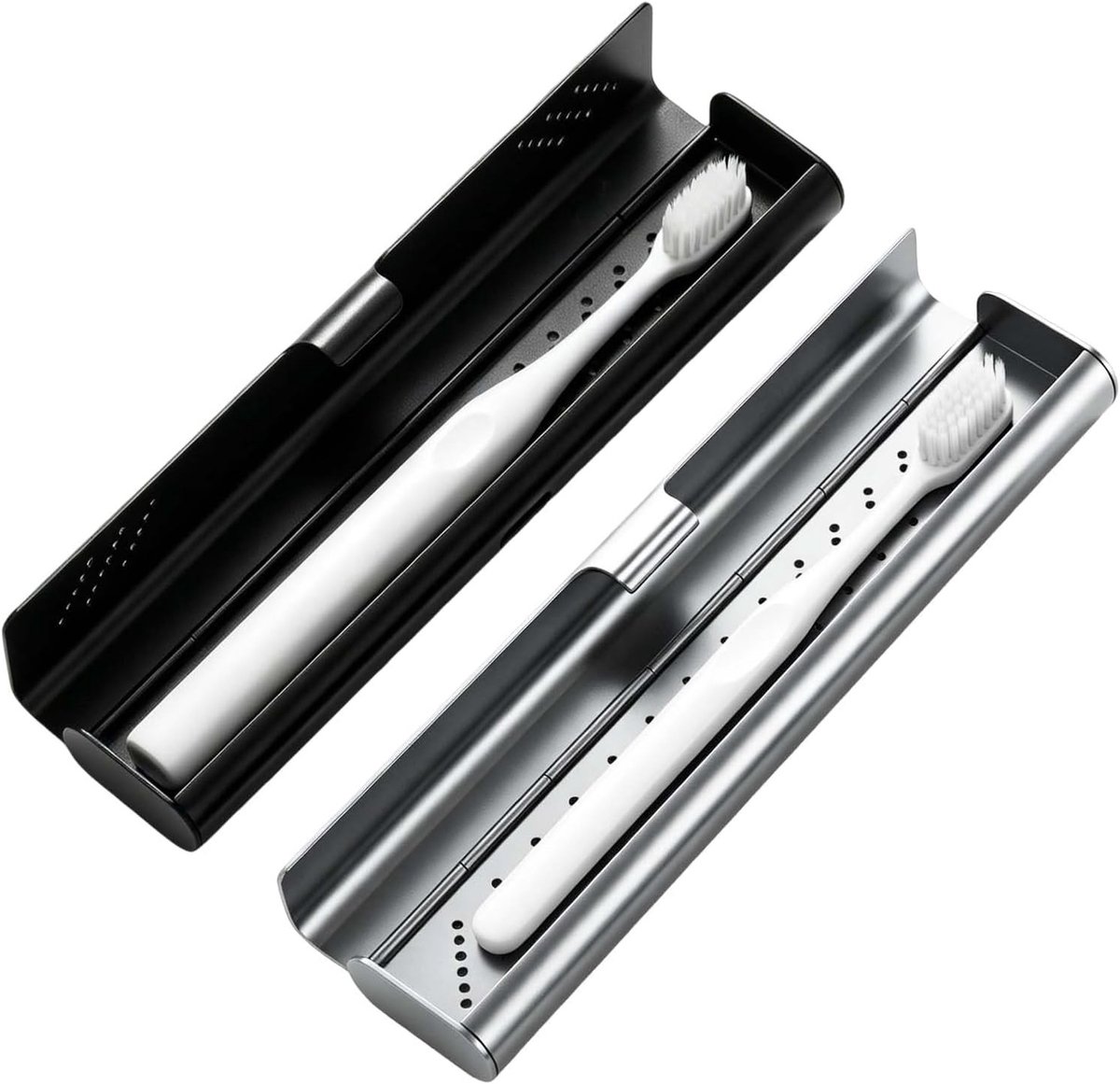 Draagbare tandenborstel etui van aluminium, 2 stuks in zilver en zwart, ideaal voor reizen, kamperen en vakantie met ventilatie en bescherming