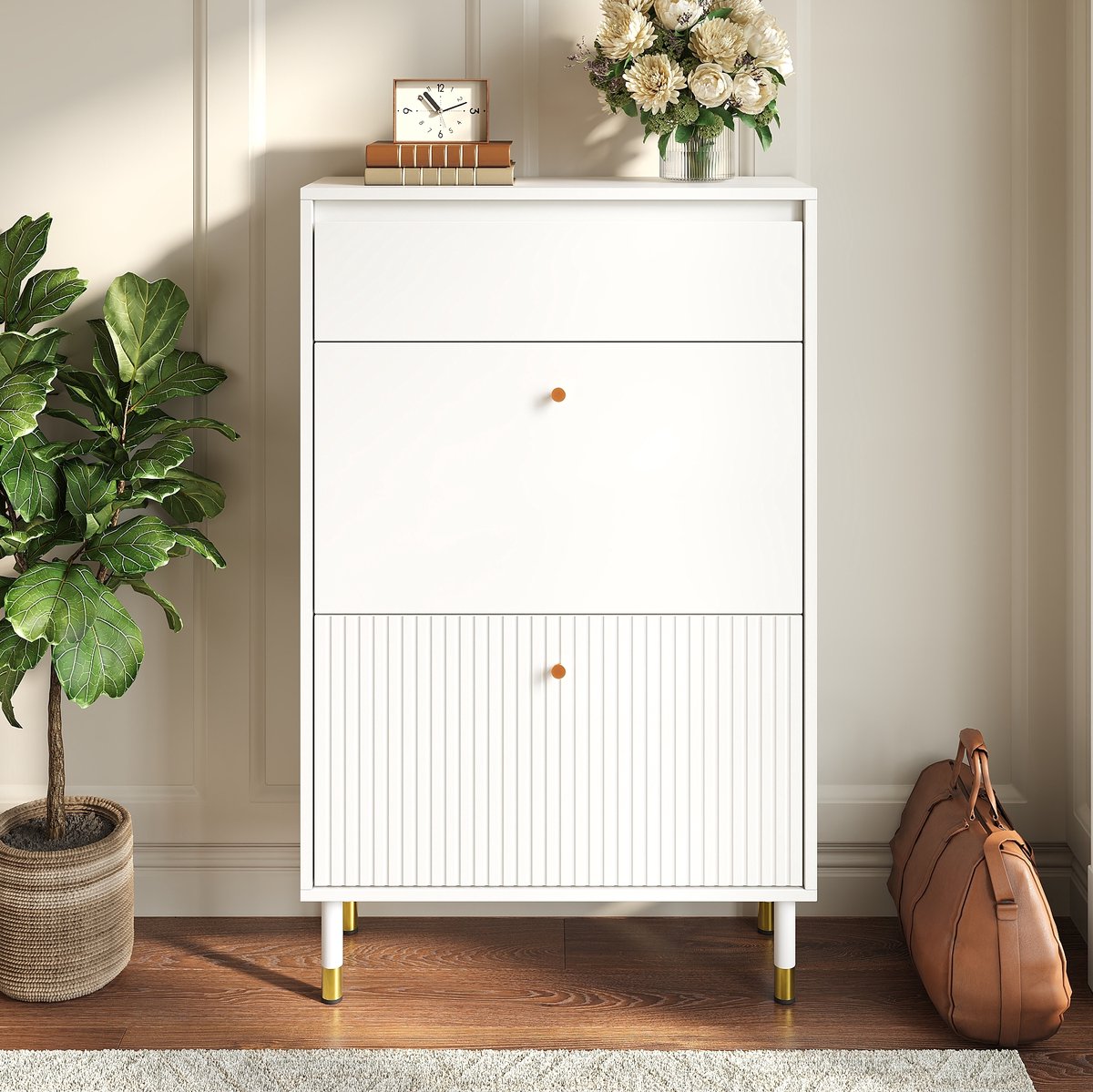 FloraGrace Schoenenkast - Smal Met Lade En 2 Klepvakken - Voor Hal En Entree - MDF En Spaanplaat - 65x24x104 Cm - Wit