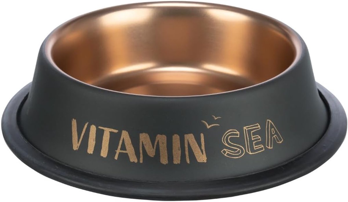 SnelShoppen - Hondenbak Roestvrij Staal 450 ml - Moderne Voerbak voor Grote Honden - Ø 19 cm - Antislip Rubber Coating - Zwart/Bronzen Design