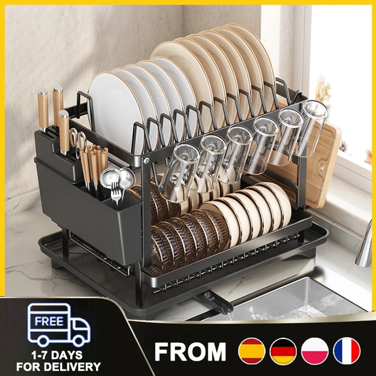 Dailygoods 2-laags afdruiprek van carbonstaal met automatische afwatering, voor borden, snijplanken, met bekerhouder & a