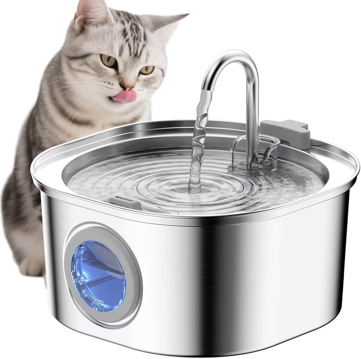 Thijox - PEKTACO 3,2L Kattendrinkfontein Roestvrijstaal met Kijkvenster - Stille Waterdispenser voor Katten - Ideaal voor Binnengebruik