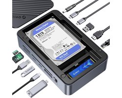 Thijox - 12-in-1 USB-C Dockingstation met Dubbele SSD Behuizing, Ondersteunt M.2 NVMe/SATA en 2,5"/3,5" SATA-schijven tot 26 TB, 10 Gbps USB, 4K HDMI