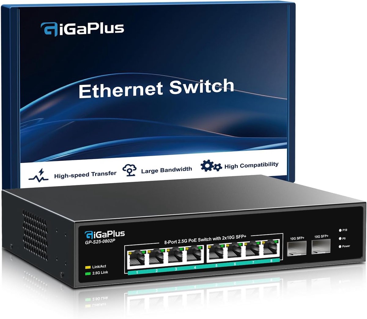 10-poorts 2.5Gb Ongemanaged PoE Switch met 8 PoE-poorten en 2 10G SFP+ Uplink
