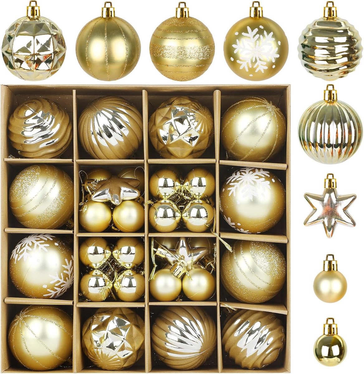 Thijox - 42 Stuks Kerstballen Set - Gouden Kerstboomversiering - Matte en Glanzende Kerstballen - Sterren voor Binnen en Buiten - Feestelijke Decorati