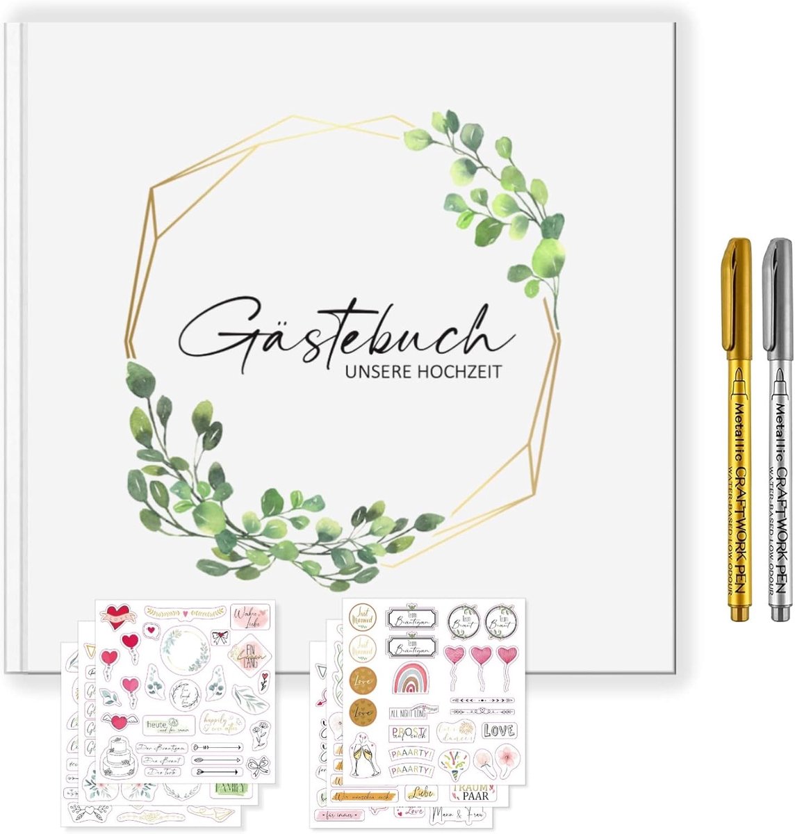 Huwelijksgastenboek - 120 pagina's - Eucalyptus - Inclusief metallic markers en stickers - SnelShoppen
