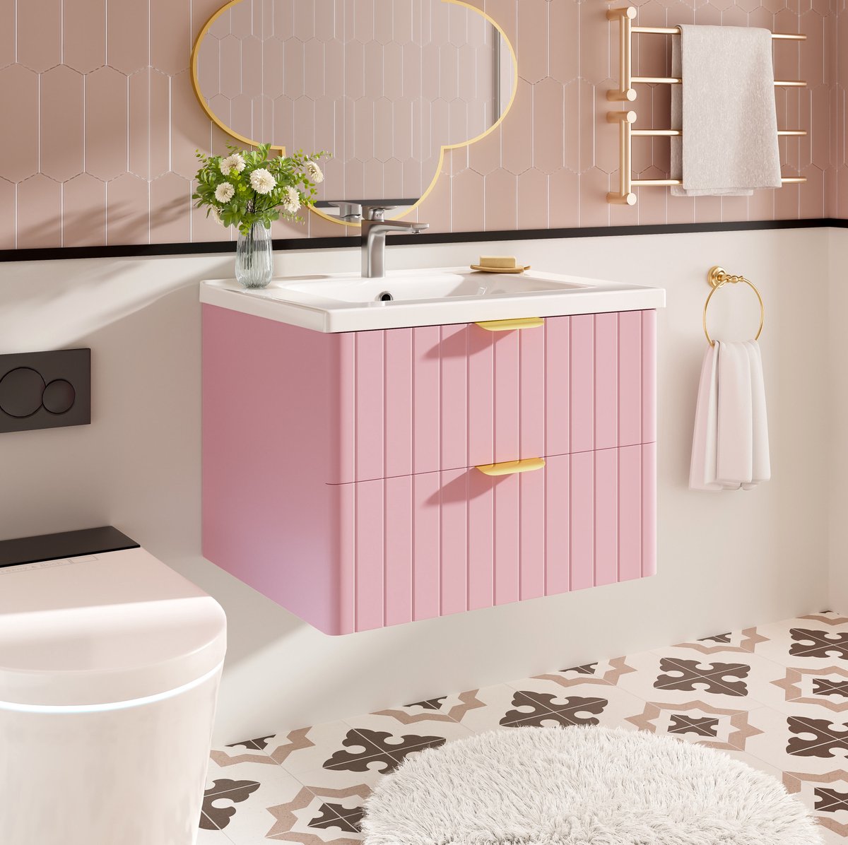 FloraGrace Badkamerkast Met Wastafel - Wandhangend Met 2 Lades - Ruimtebesparend Voor Badkamer - MDF En Keramiek - 60,5x47,5x47 Cm - Roze Wit