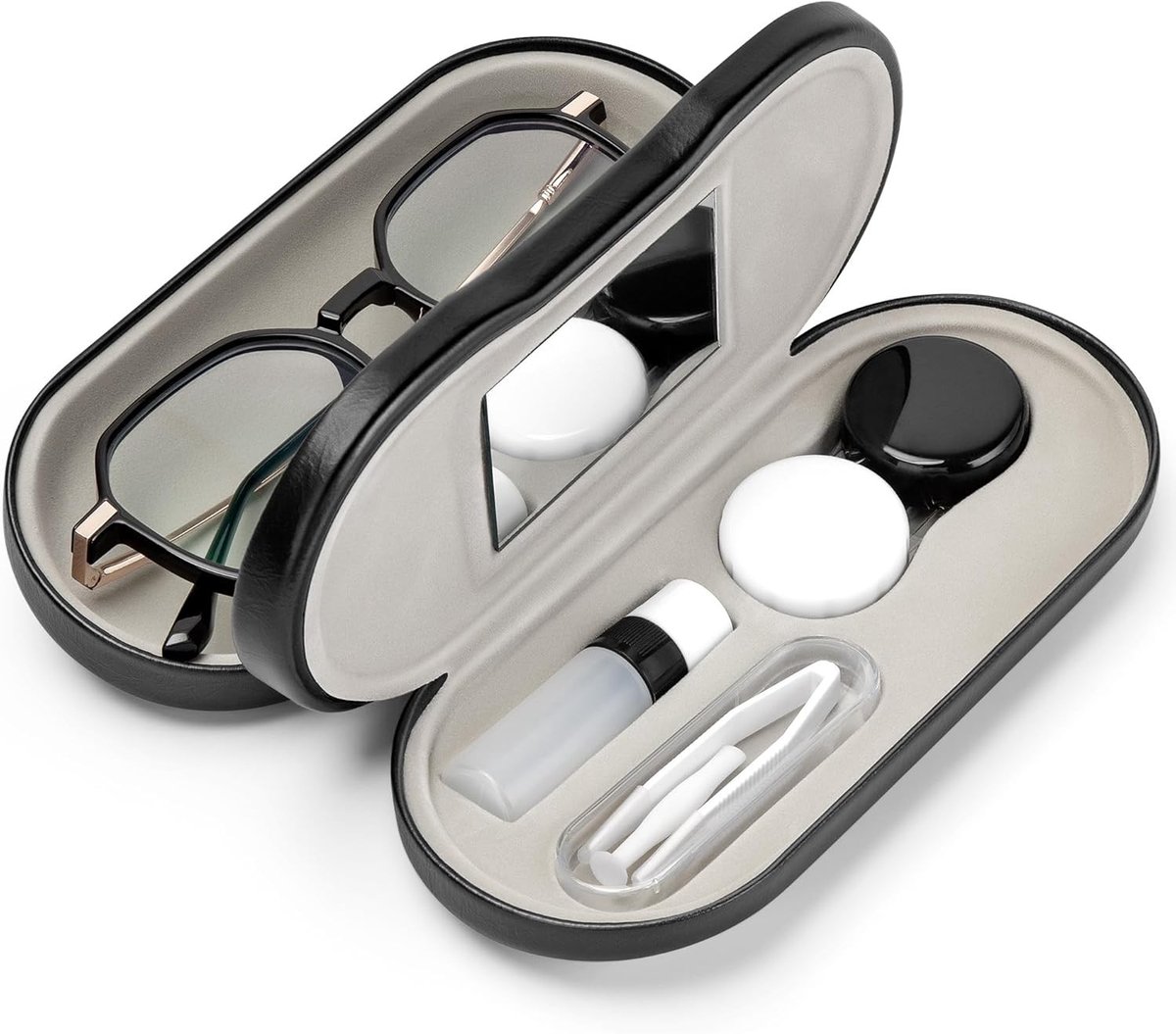 Praktische 2-in-1 Bril en Contactlenzen Etui met Spiegeltje, Pincet en Vial voor Vloeistof, Ideaal voor Reizen en Dagelijks Gebruik
