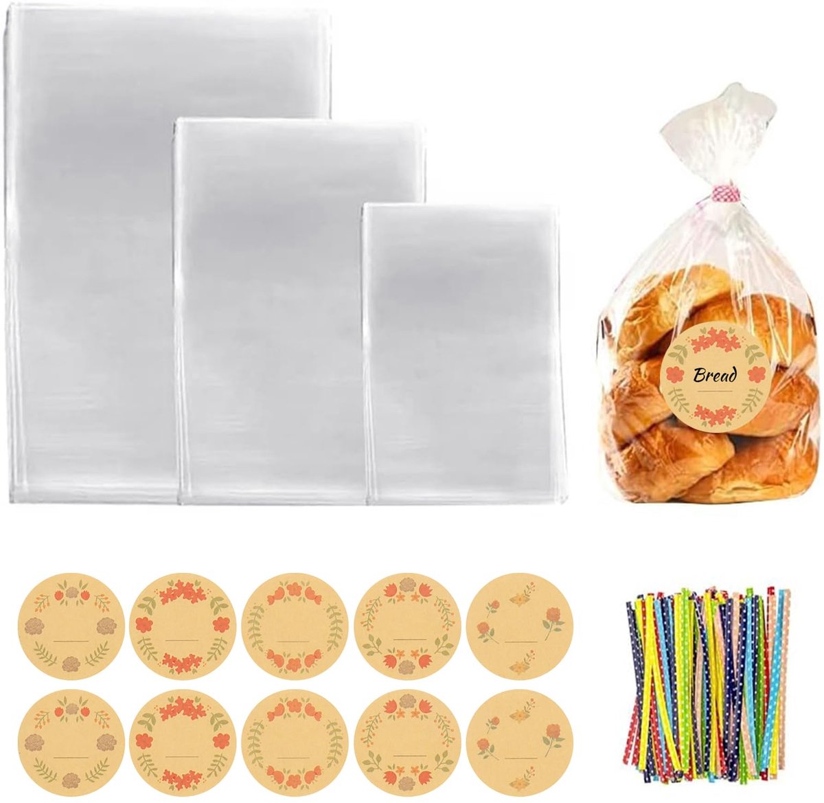 Cellofaan Zakken 3 Maten Voedsel Veilig OPP Plastic Met 150 Stks Linten Tag Voor Verjaardagen Geschenken Party Snacks Koekjes Zoet