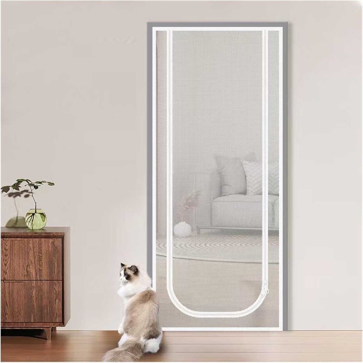 Magnetische hordeur met U-vormige ritssluiting, wasbaar gaas, muggennet (U-vormige bovenkant - wit, 90 cm breed x 200 cm hoog)