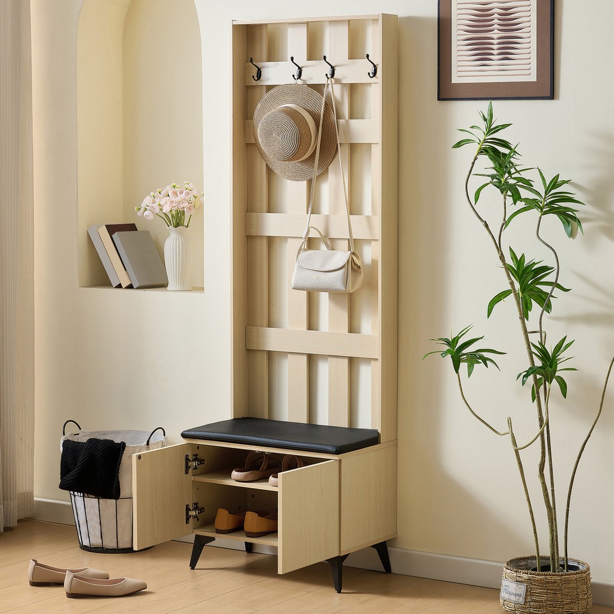 MIVRAY Kledingrek - Garderobe Met Zitbank En 4 Haken - Opbergruimte Voor Hal En Entree - MDF Met Houtnerf - 60x35x179,5 Cm