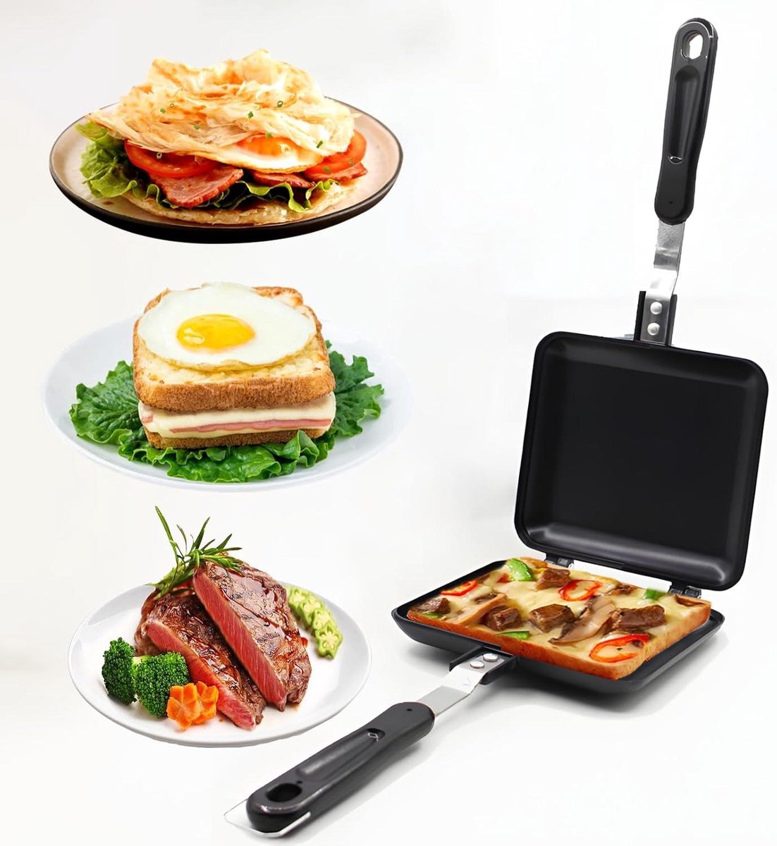 Sandwich Maker - Tosti IJzer - Ontbijt Maken - Dubbelzijdig Gecoat - 14 x 34 cm - Zwart