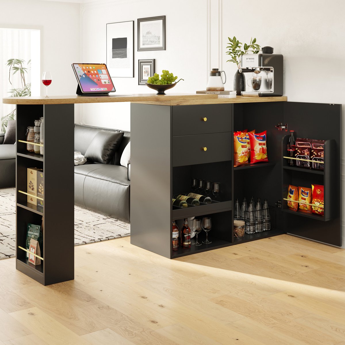 DESMIU Bartafel - Draaibaar Ontwerp Met 2 Lades En Open Opbergruimte - Voor Eetkamer En Woonkamer - MDF - 138x39x104 Cm - Zwart