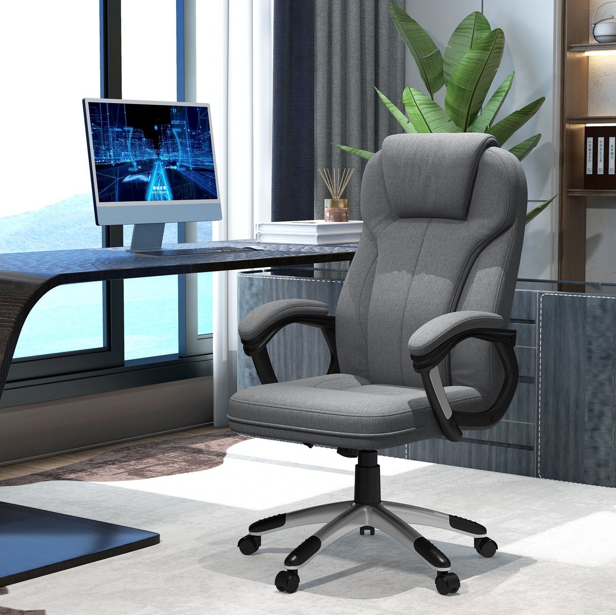 MEUNIQ Bureaustoel ergonomisch 66 x 75 x 110-120 cm met hoofdsteun, vaste armleuningen, wippfunctie, 360° draaibaar en hoogteverstelbaar voor kantoor of thuiskantoor, grijs