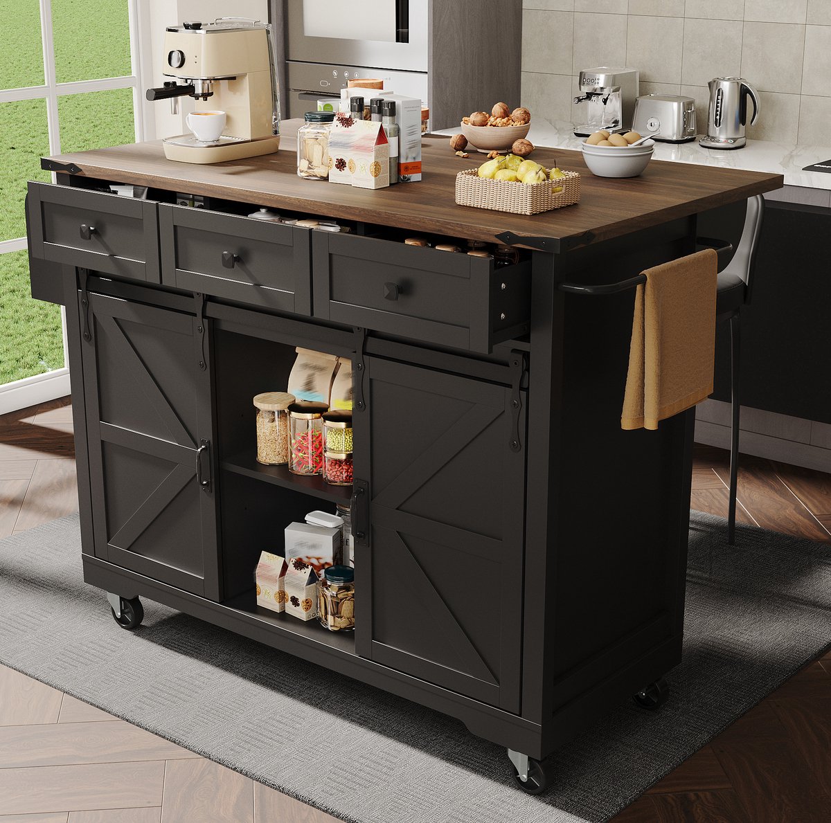DESMIU Keukenkast - Keukeneiland Met Uitklapbaar Werkblad En Wielen - 3 Laden En Schuifdeuren Voor Keuken - MDF - 140x45x94 Cm - Zwart