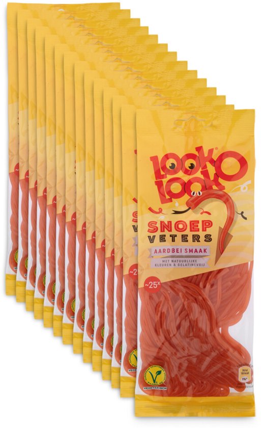 Rij van gele verpakkingen Look O Look snoepveters aardbeiensmaak.