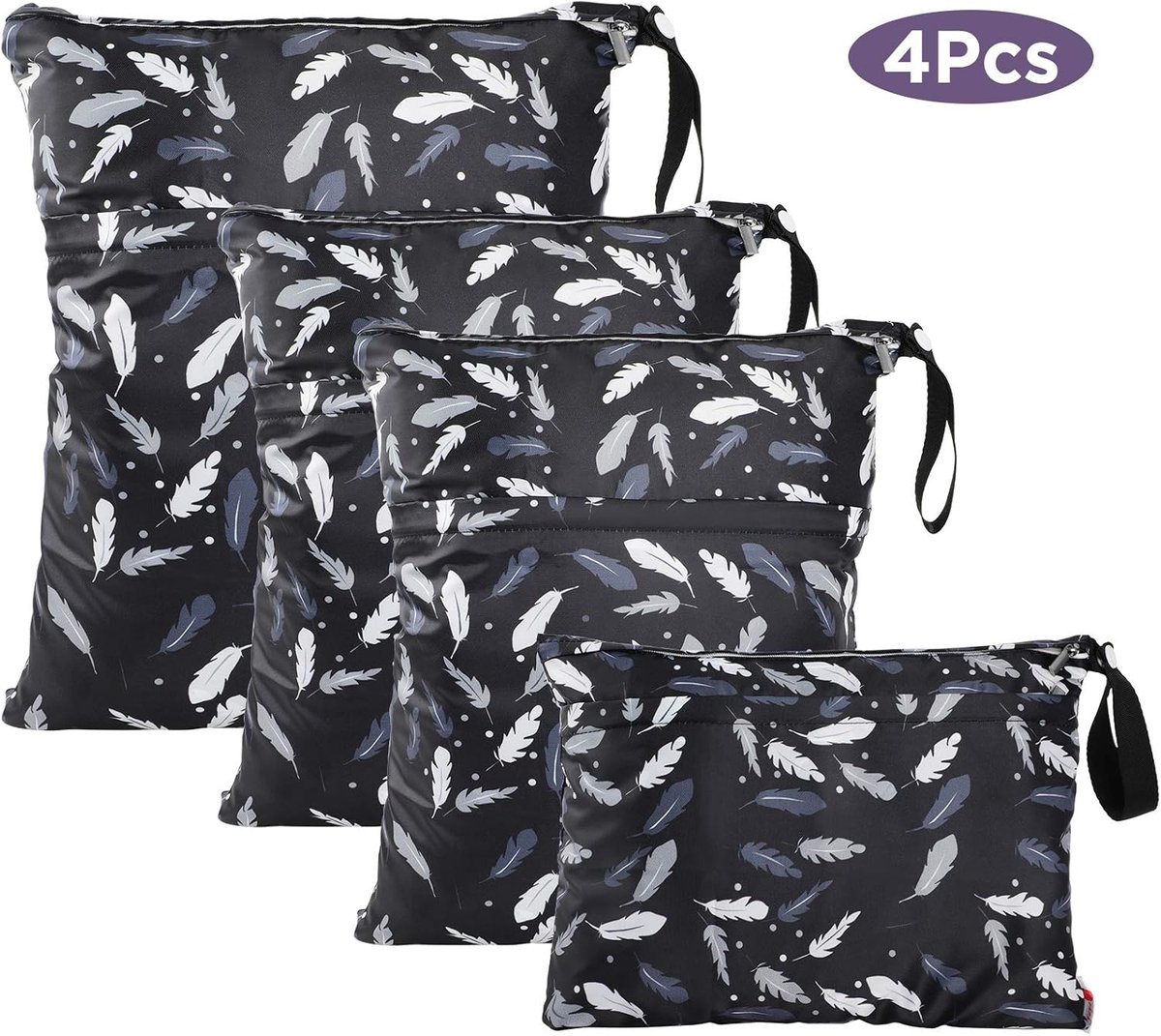 Thijox - Luiertas voor baby's, 4 stuks, organizer voor vochtige luiers en vuile kleding, herbruikbaar, wasbaar, moderne draagtas (zwart, veerpatroon)