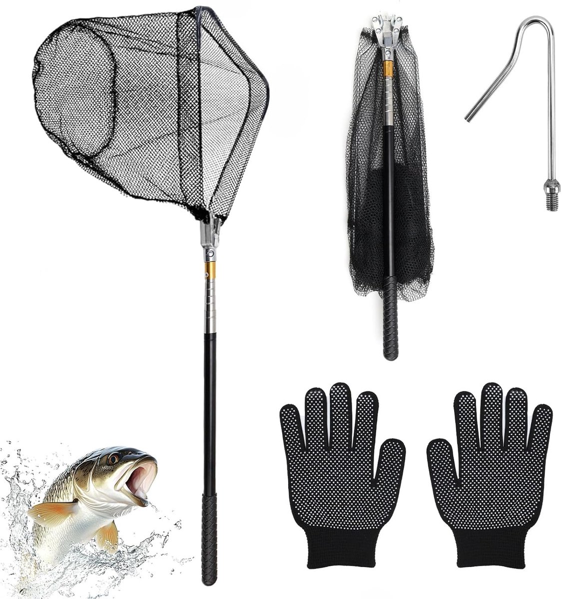 SnelShoppen - Opvouwbaar Rubber Vissersnet met Telecopische Handgreep 147cm - Ideaal voor Karper, Forel, Garnalen, en Pluimvee - Lichtgewicht, Duurzaa