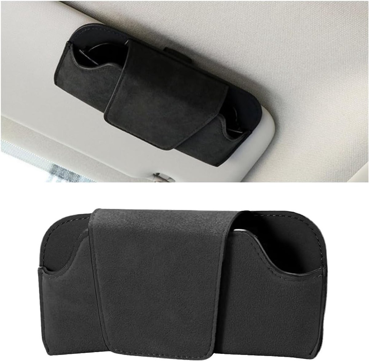Leren brillenkoker met clip voor zonnenbril, magnetische bevestiging en zonbescherming voor auto en truck (Zwart)