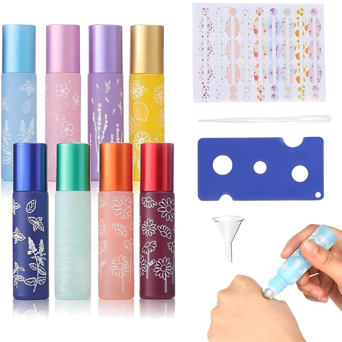 Dailygoods- Rollerfles 10 ml - 8 Stuks - Navulbaar - Draagbaar - Met Trechterrietjes - Voor Etherische Oliën/Parfums - Olieflessen