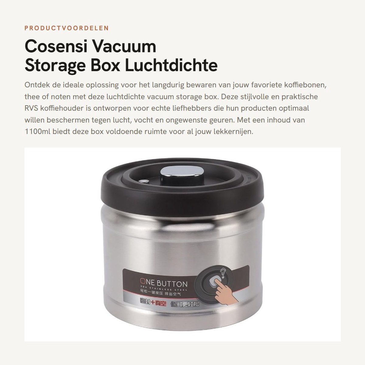 Dailygoods- Vacuumopslagbox 1100ml - Luchtdicht - Roestvrij Staal - Voedselopslag - Koffie/Thee/Noten - Hygiënisch Opslagmateriaal