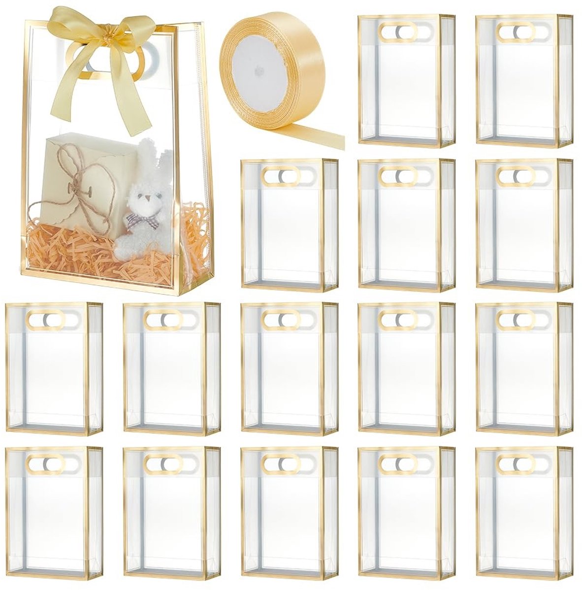 Dailygoods- Geschenkzakjes 15 stuks - Doorzichtige Zakjes - Herbruikbare Plastic - Met Lint - Voor Kerstmis/Bruiloft - Gouden Grens - Cadeauzak