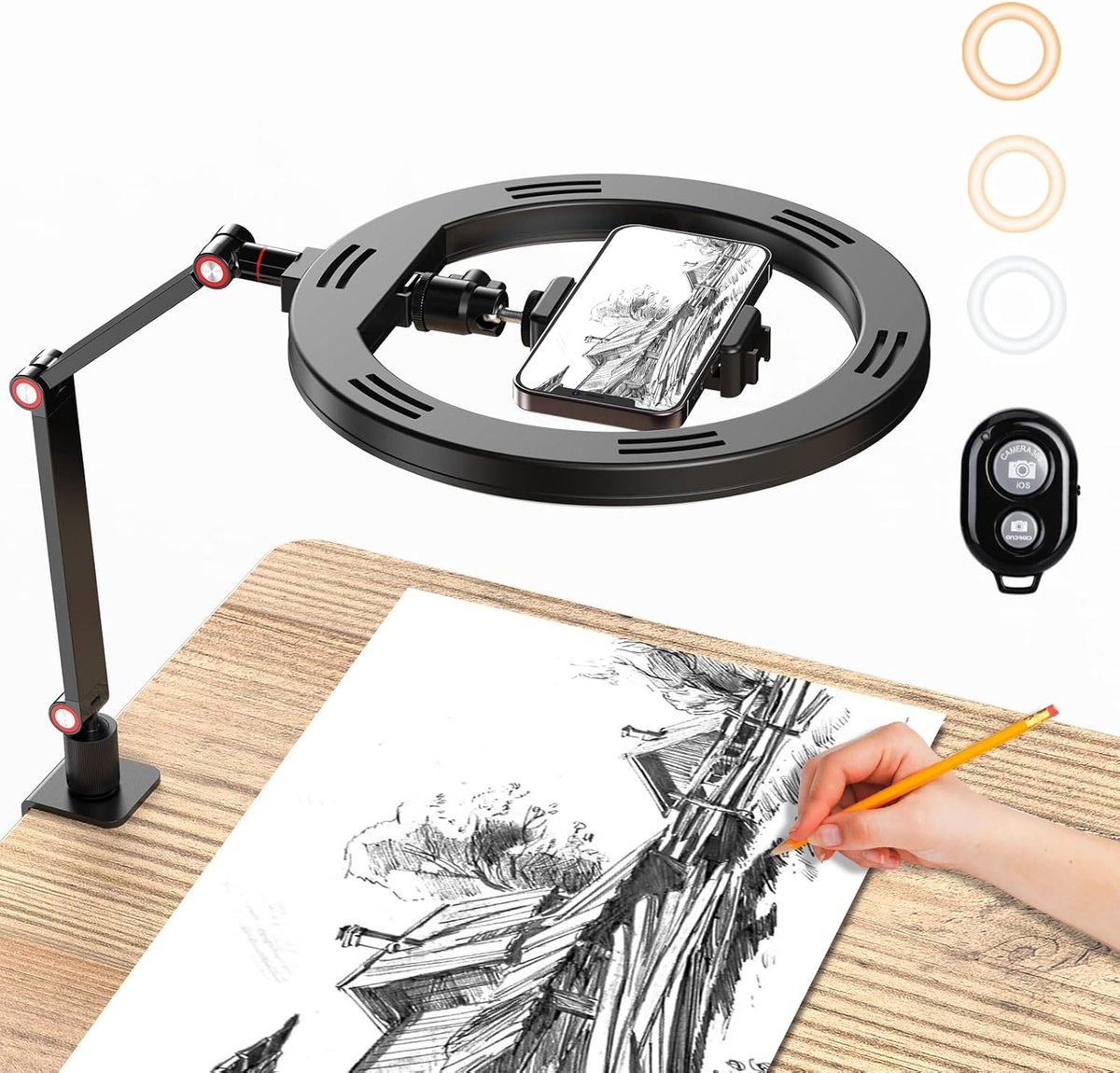 Thijox - 10 Inch Ring Licht met Telefoon Houder voor Bureau, Inklapbaar, Aluminiumlegering, 3 Kleurmodi, 10 Helderheidsniveaus, Zwart met Afstandsbedi