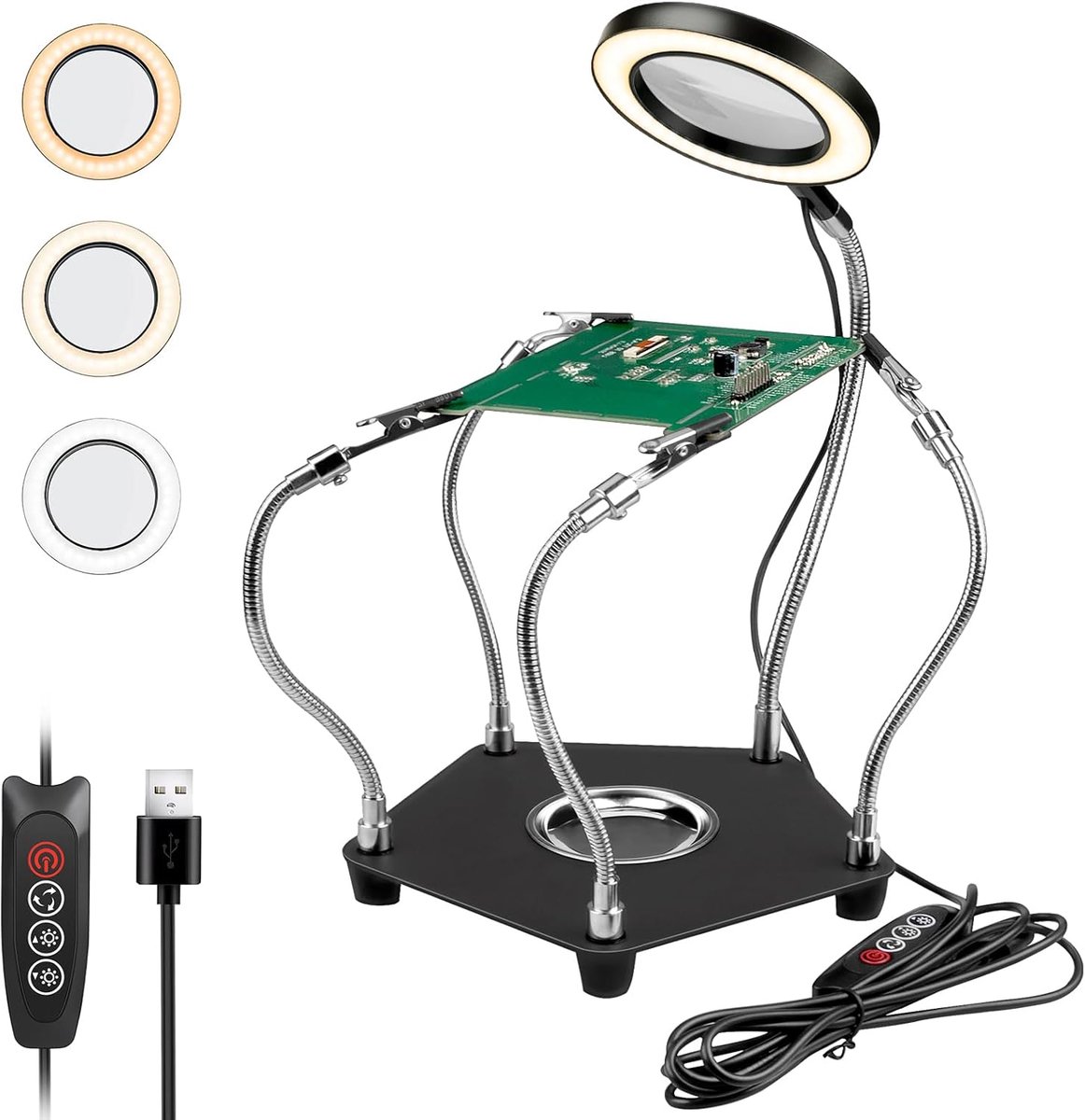 Thijox - Derde Hand Soldeerstation met 4 Armen, USB LED Verlichting, 3X Vergrootglas, Printplaathouder, Soldeerhulp voor Hobby, Handwerk, Knutselen en
